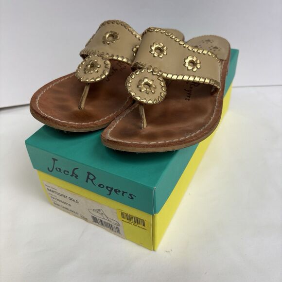 Jack Rogers Baby Camel/Gold Nantucket Whipstitch Leather Thong Flat Sandal Sz 10 - Picture 1 of 10
